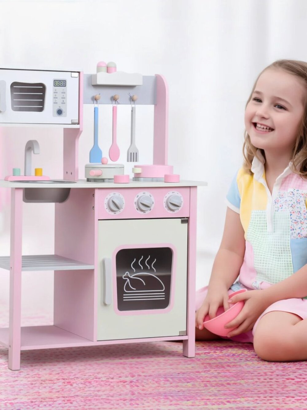 Kids Wooden Play Kitchen Set, Pink Pretend Cooking Toy with Accessories - Picture 6 of 16